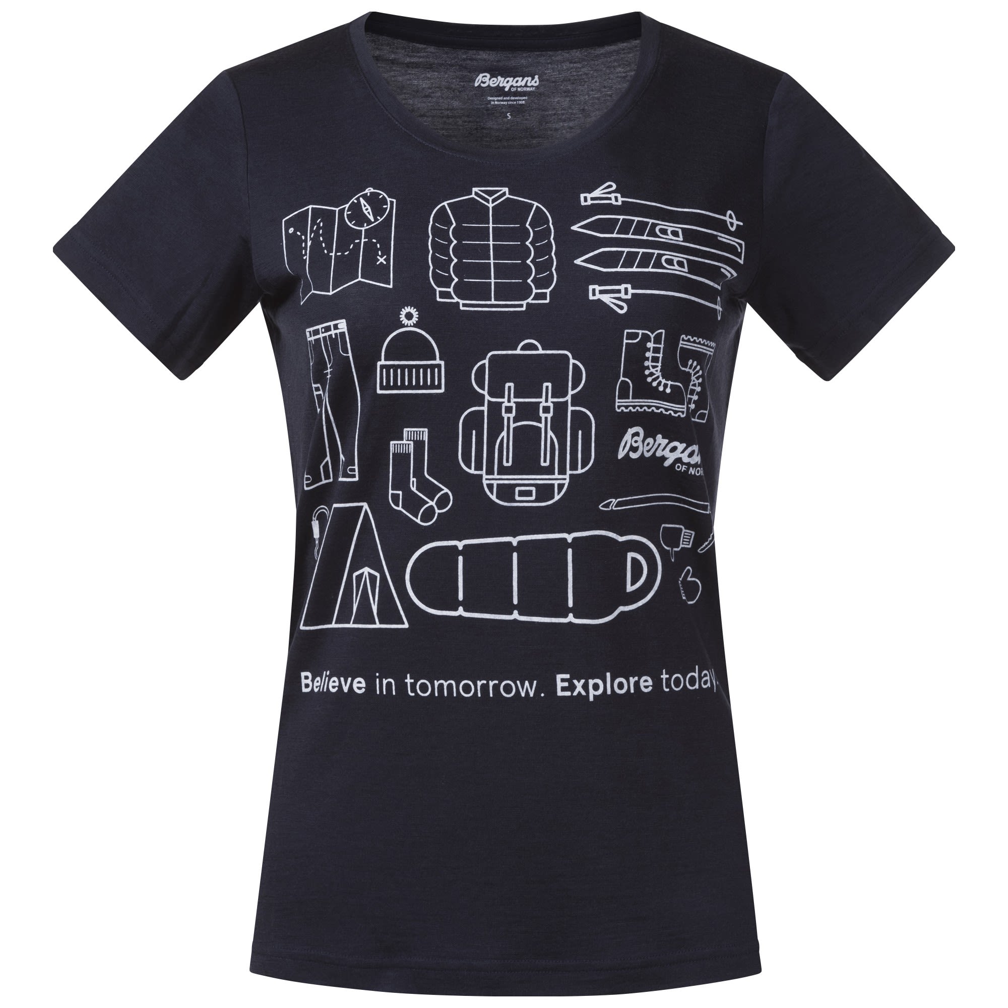 Bergans Graphic Wool Tee Blau- Female Merino Kurzarm-Shirts- Grsse XS - Farbe Dark Navy - White
