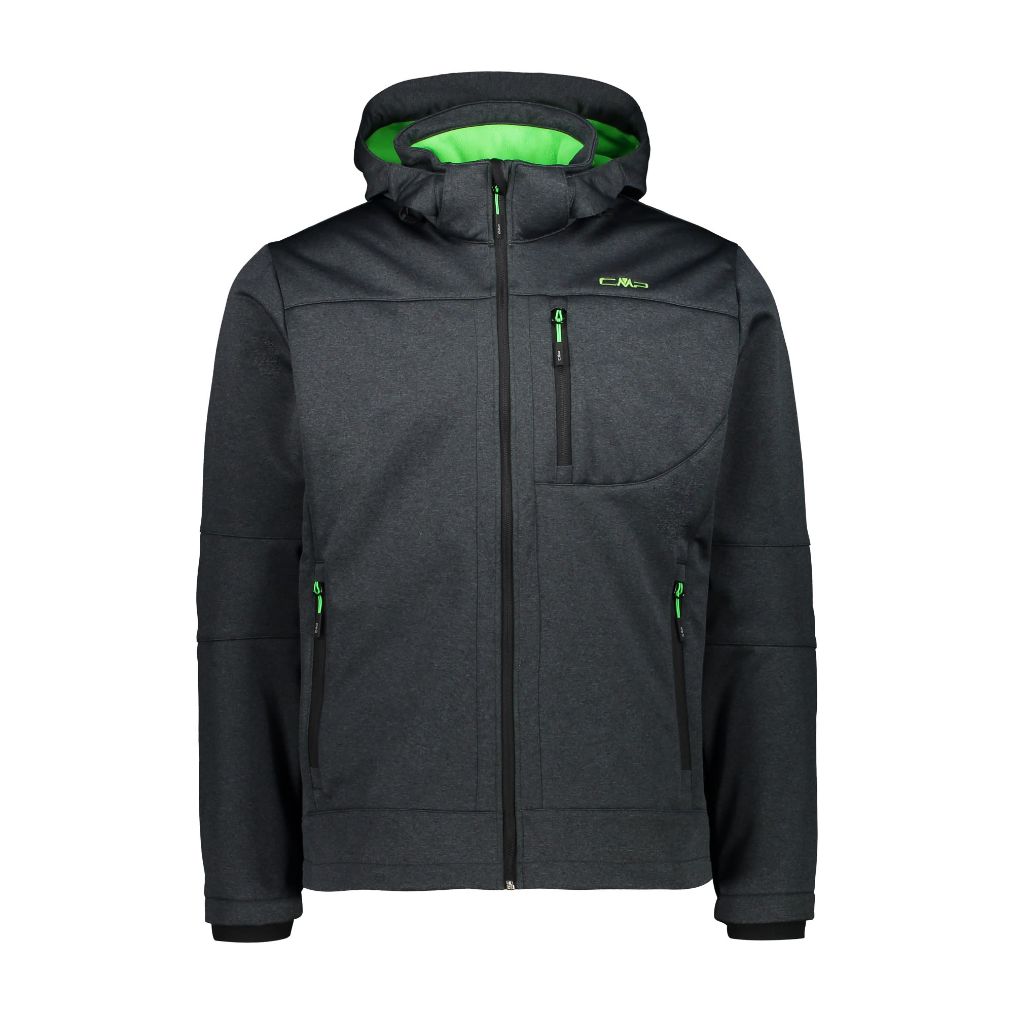CMP Jacket Zip Hood Softshell Melange Grau- Male Anoraks- Grsse 48 - Farbe Asphalt Melange - Verde Fluo