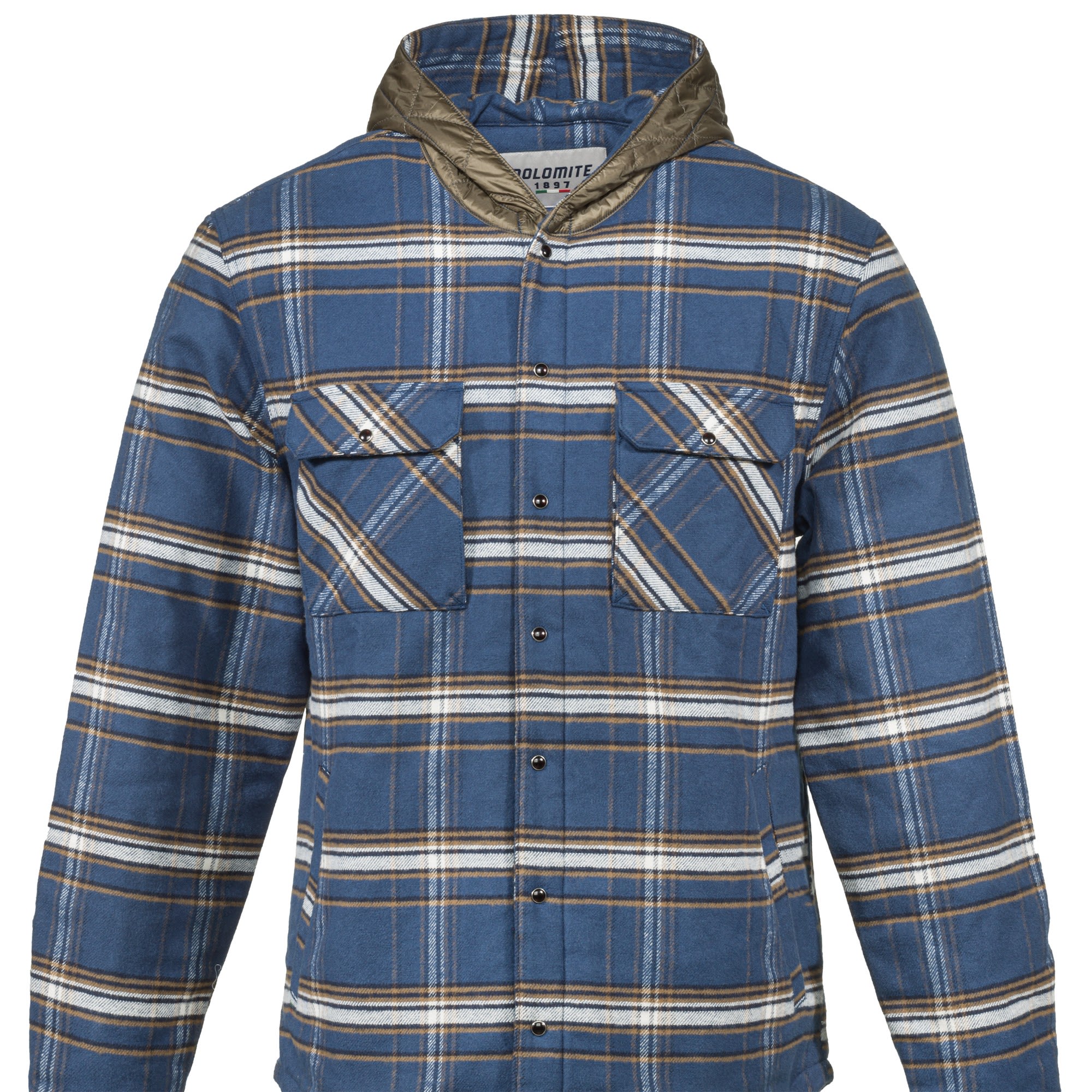 Dolomite Quilted Hood Overshirt Kariert - Blau - Braun- Male Langarm-Hemden- Grsse M - Farbe Deep Blue - Oak Brown