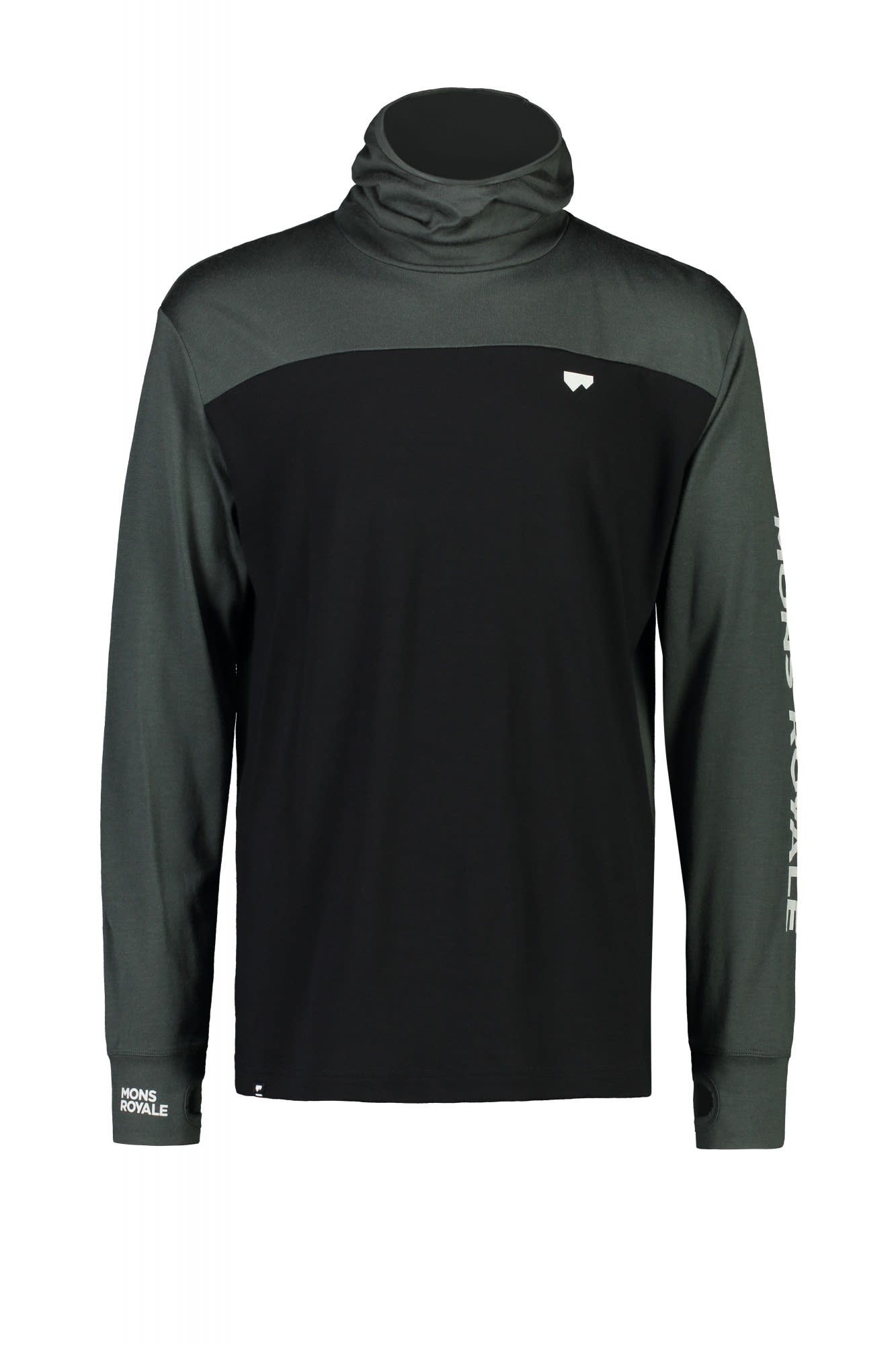 Mons Royale Yotei Powder Hood Long-Sleeve Colorblock - Oliv - Schwarz- Male Merino Langarm-Shirts- Grsse L - Farbe Rosin - Black