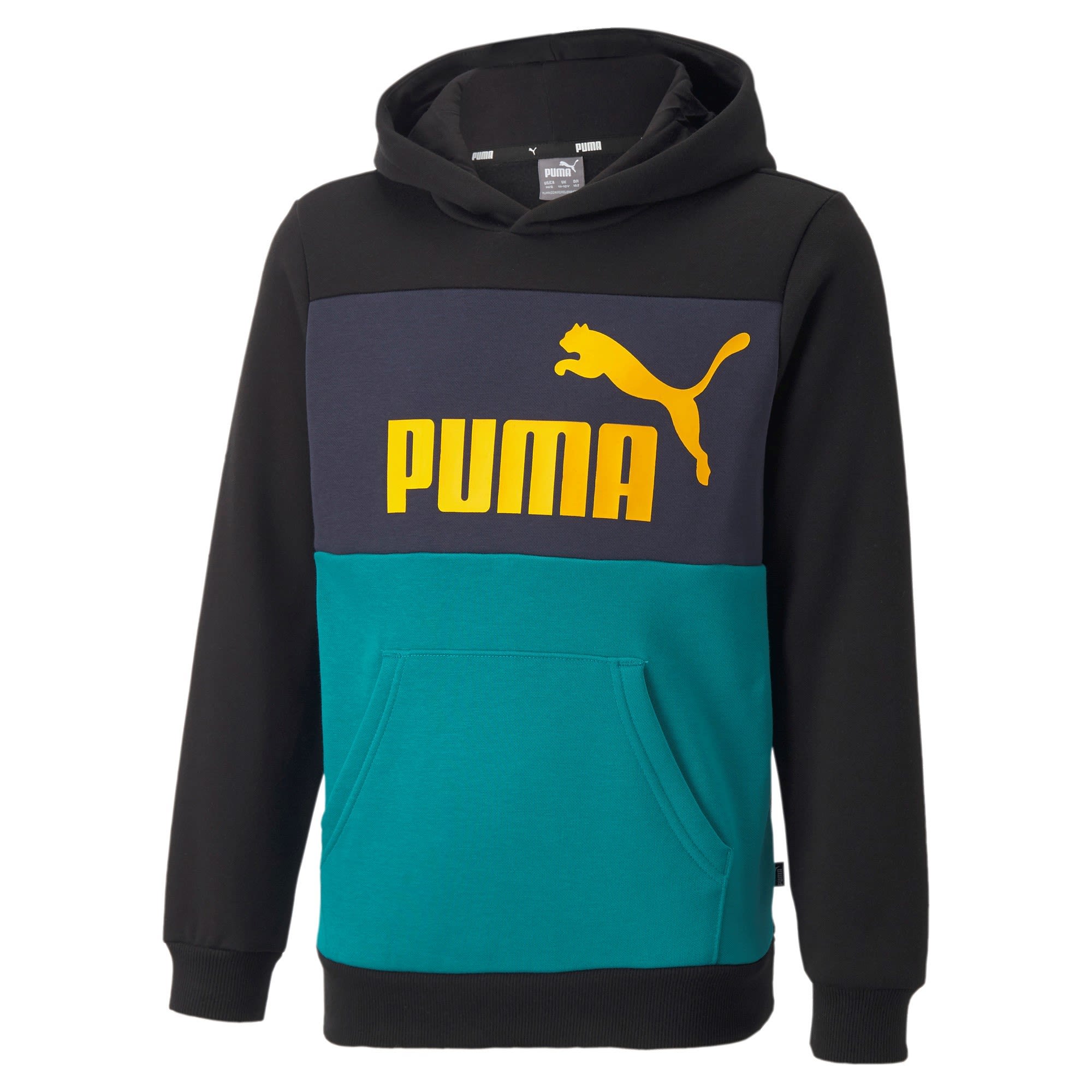 Puma Boys Essentials+ Colorblock Hoodie FL Colorblock - Blau - Schwarz- Male Sweaters und Hoodies- Grsse 104 - Farbe Deep Aqua unter Puma