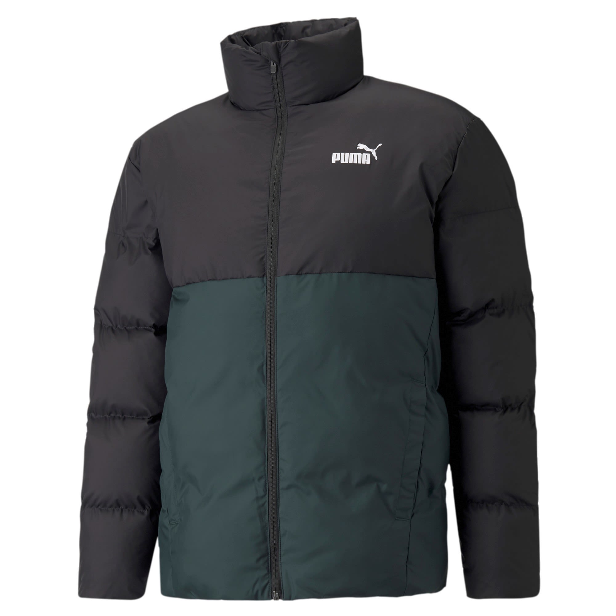 Puma Essentials+ ECO Puffer Jacket Colorblock - Grn - Schwarz- Male Ponchos und Capes- Grsse M - Farbe Green Gables