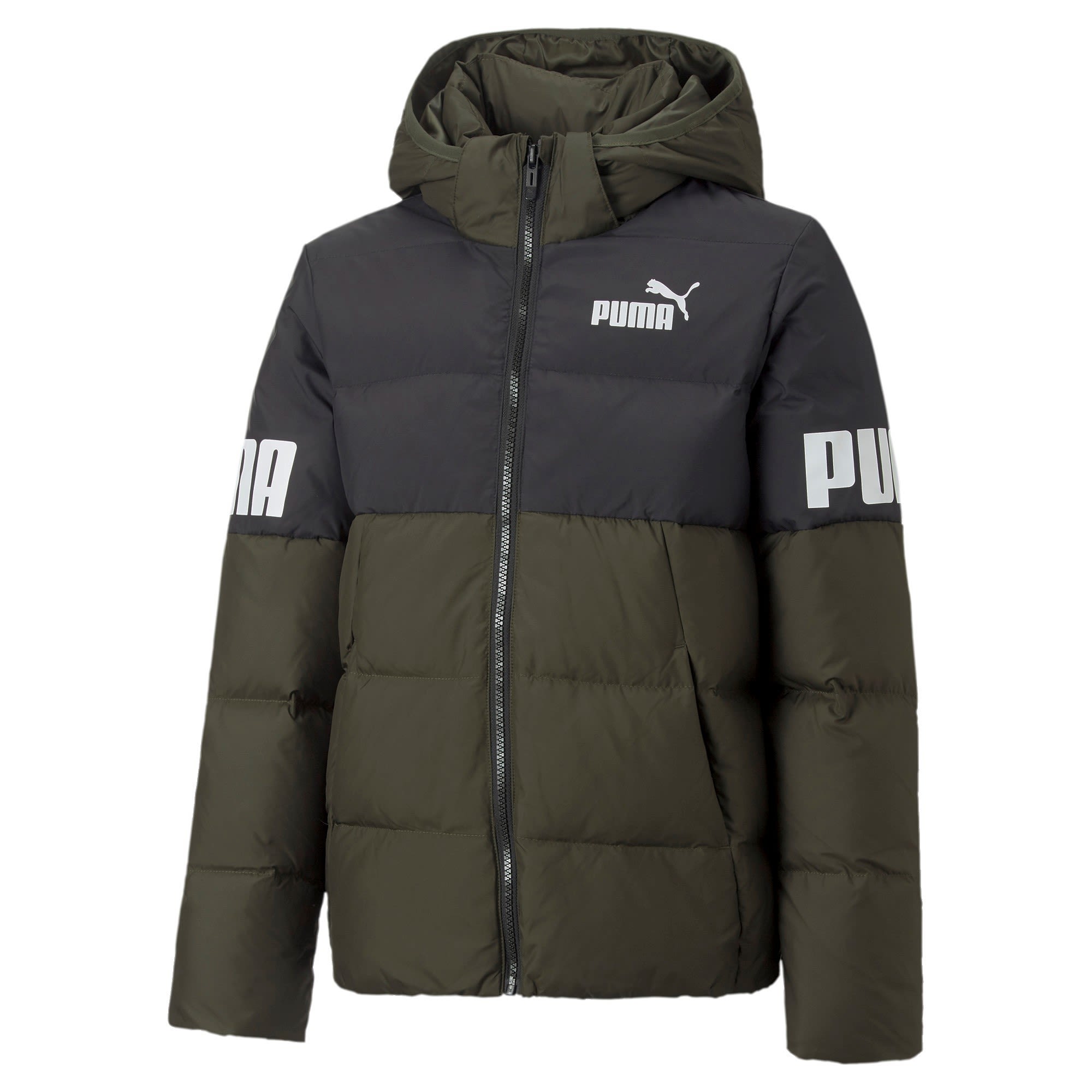 Puma Kids Puma Power Hooded Down Puffer Colorblock - Grn - Schwarz- Daunen Ponchos und Capes- Grsse 104 - Farbe Forest Night