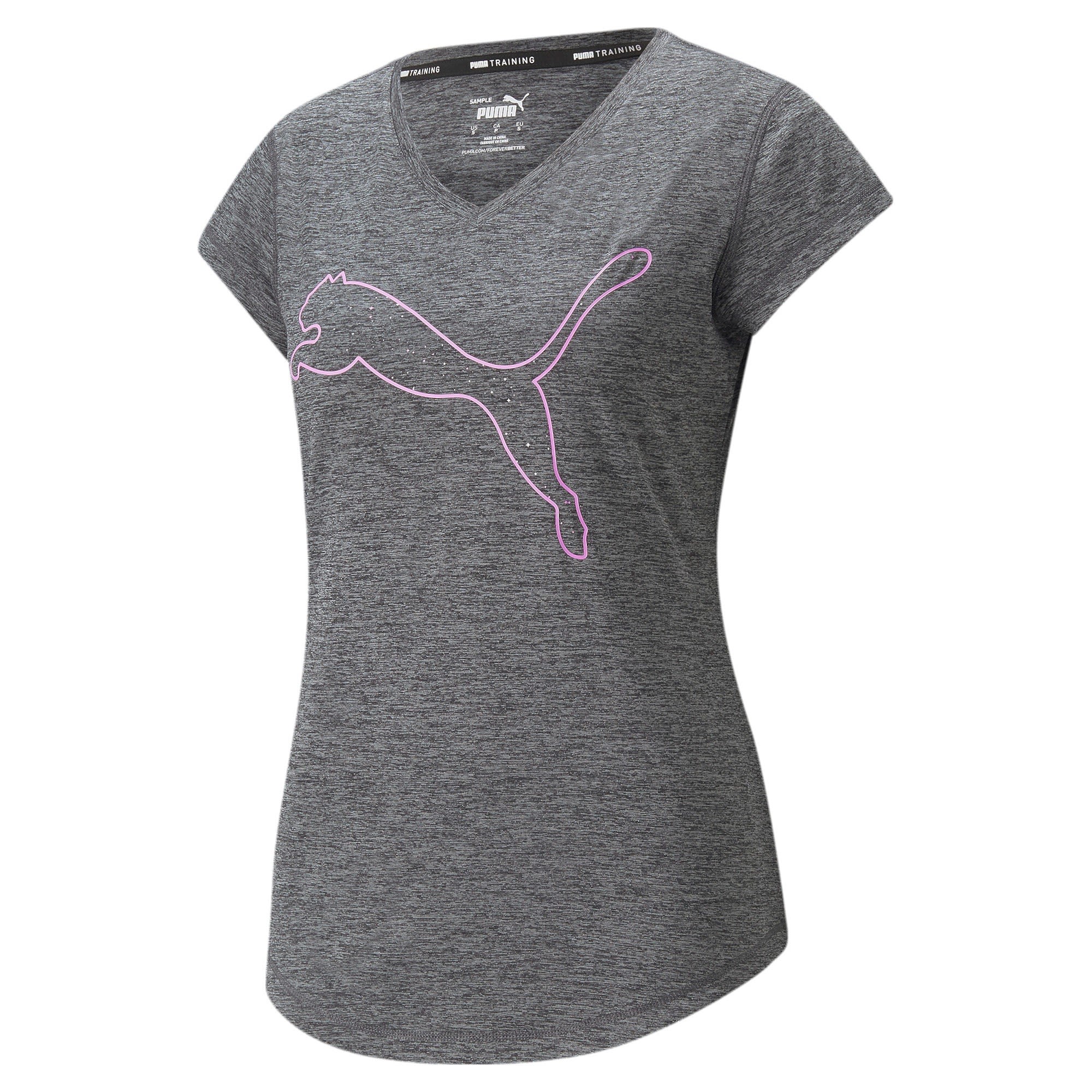 Puma Train Favorite Heather CAT Tee Grau- Female Kurzarm-Shirts- Grsse XXL - Farbe Puma Black Heather - Deep Orchid Cat