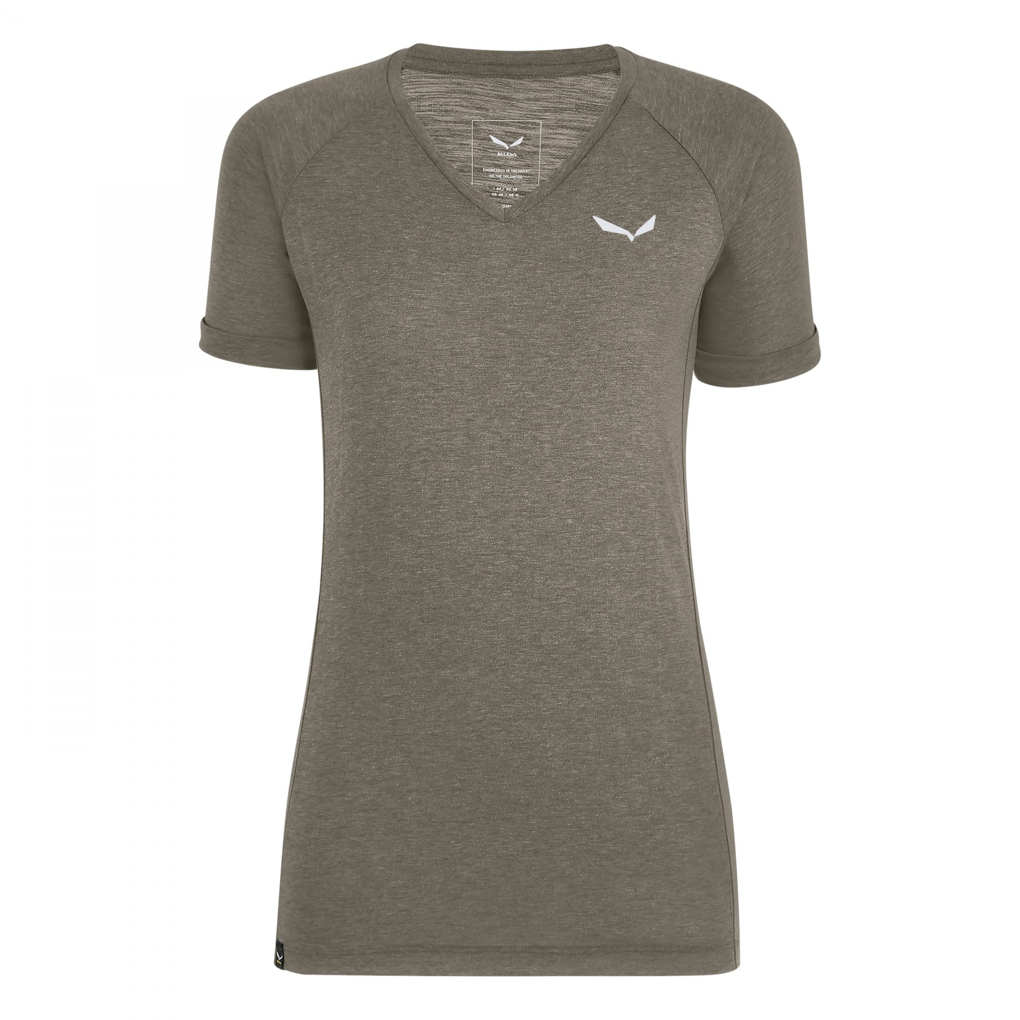 Salewa Puez MEL Dry V-Neck S-S Tee Braun- Female T-Shirts- Grsse 34 - Farbe Bungee Cord Melange