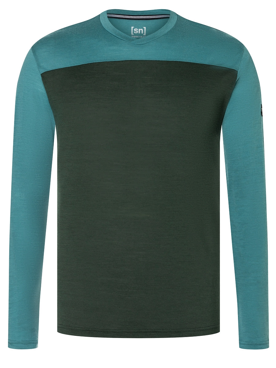 Super-Natural Contrast Long-Sleeve Colorblock - Blau - Grn- Merino Langarm-Shirts- Grsse S - Farbe Hydro Melange - Deep Forest