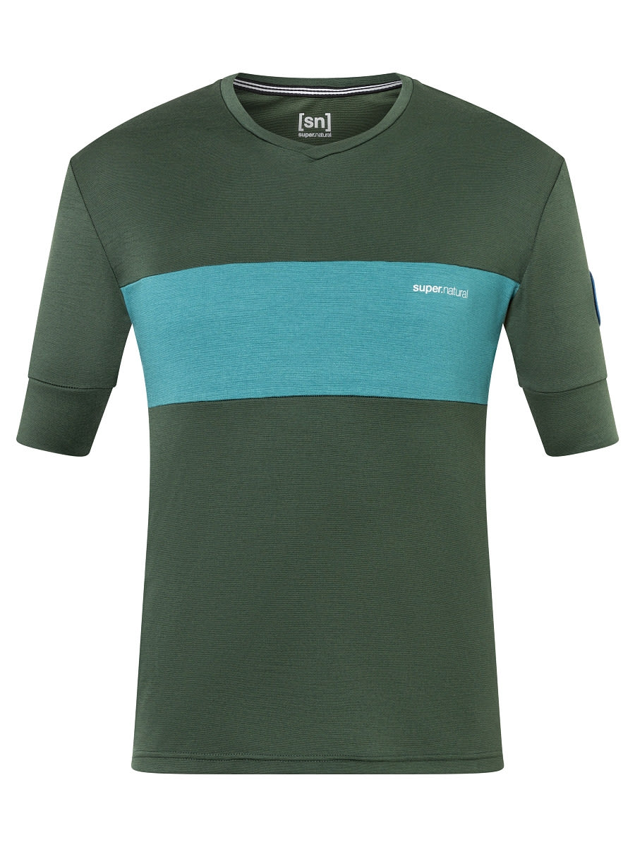 Super-Natural Gravier Tee Colorblock - Blau - Grn- Male Merino Kurzarm-Shirts- Grsse S - Farbe Deep Forest - Hydro